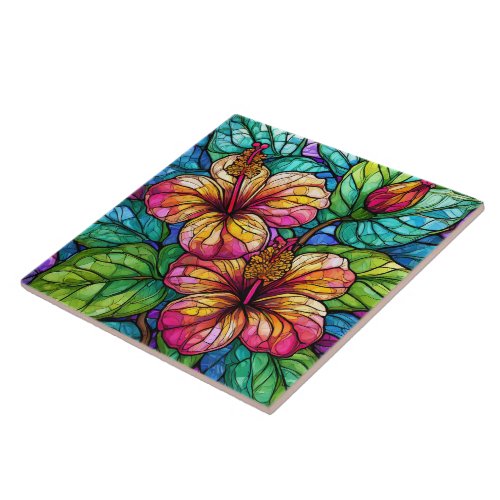 Stained glass style hibiscus ceramic tile