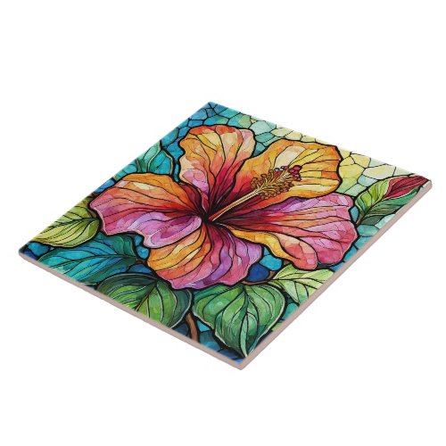 Stained glass style hibiscus ceramic tile