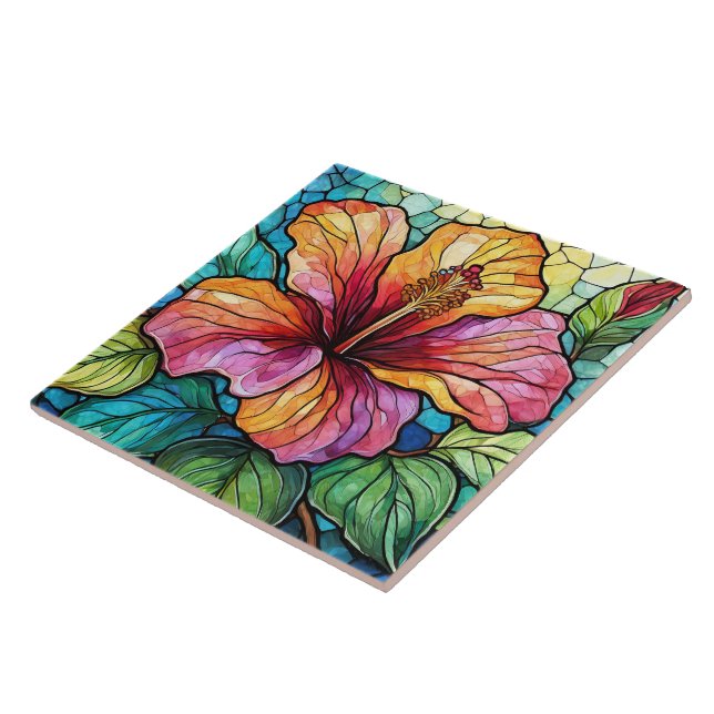 Stained glass style hibiscus ceramic tile (Side)