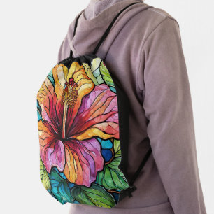 Stained glass style hibiscus drawstring bag