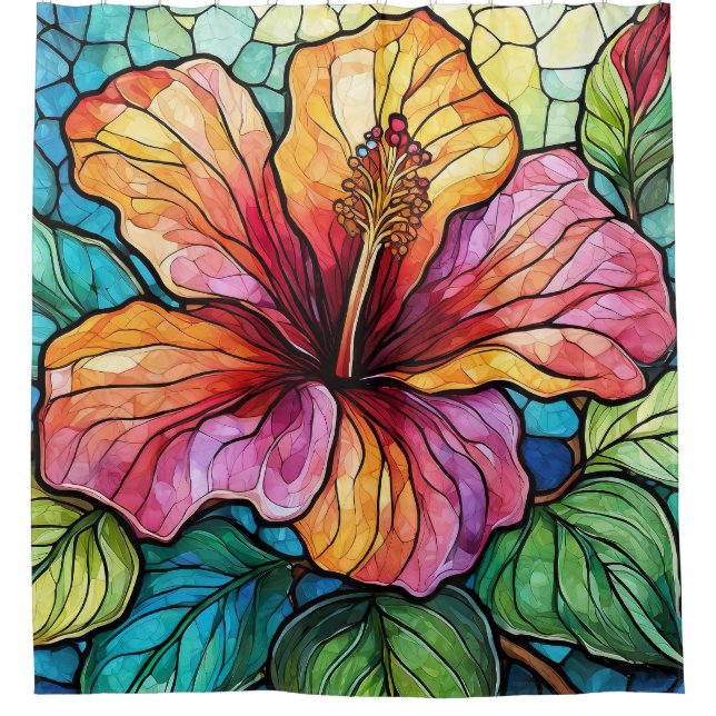 Stained glass style hibiscus shower curtain (Front)