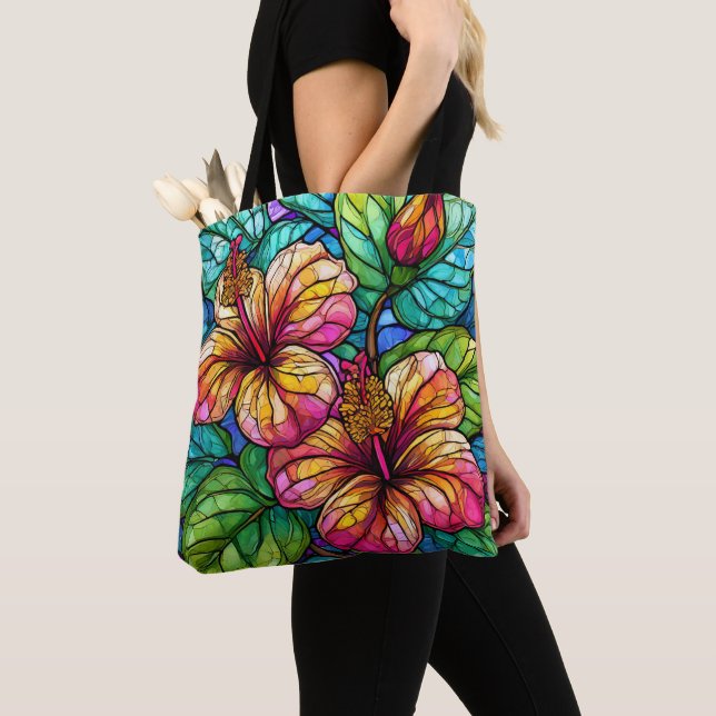 Stained glass style hibiscus tote bag (Close Up)