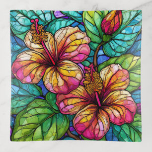 Stained glass style hibiscus trinket tray