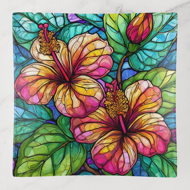 Stained glass style hibiscus trinket tray (Front)