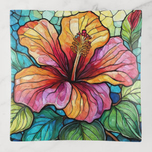Stained glass style hibiscus trinket tray