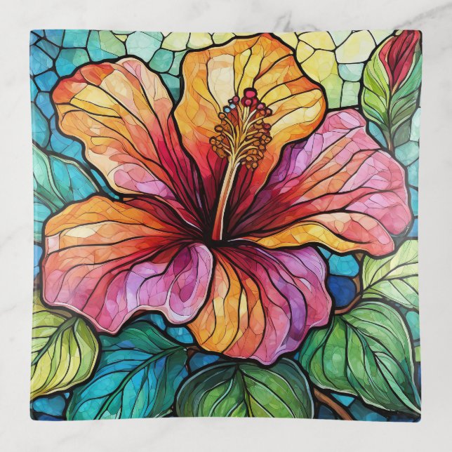 Stained glass style hibiscus trinket tray (Front)