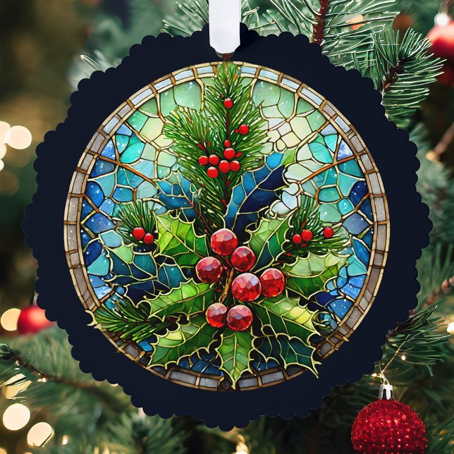 Stained Glass Style Holly & Pine Ornament Card (Creator Uploaded)