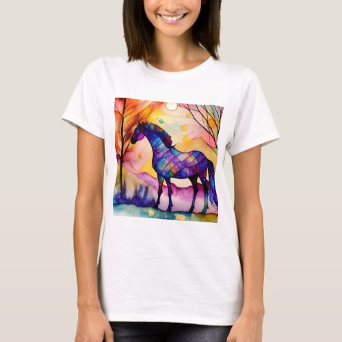Stained Glass Style Horse in Woods T_Shirt