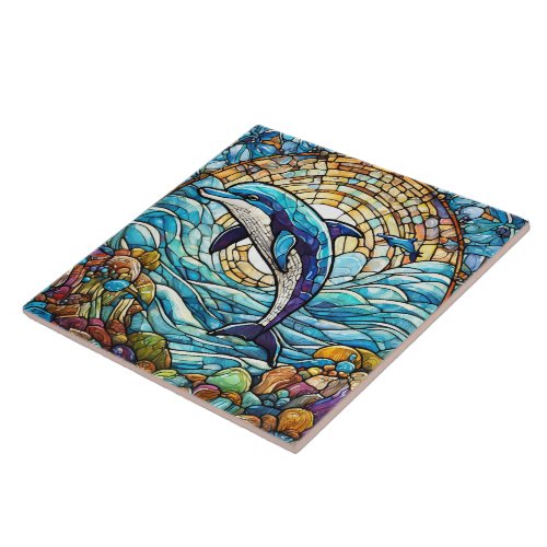 Stained glass style jumping dolphin art ceramic tile