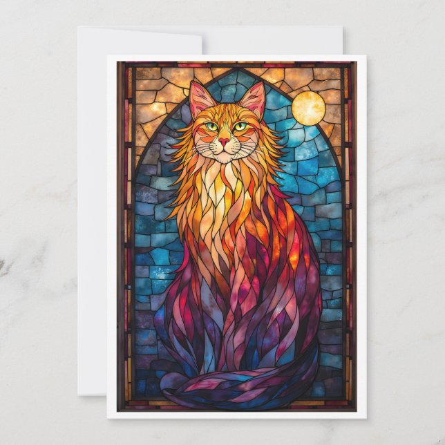 Stained Glass Style Large Fluffy Cat Flat Card (Front)