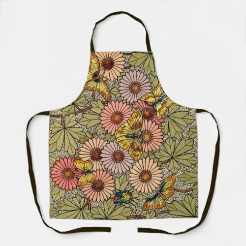 Stained glass style mosaic floral butterfly art apron