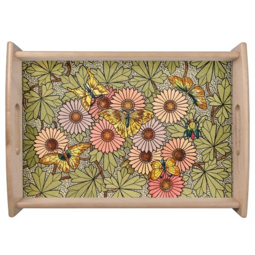 Stained glass style mosaic floral butterfly art serving tray