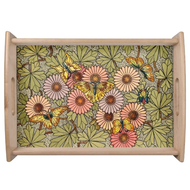 Stained glass style mosaic floral butterfly art serving tray (Front)