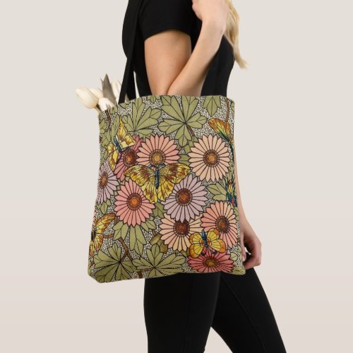 Stained glass style mosaic floral butterfly art tote bag