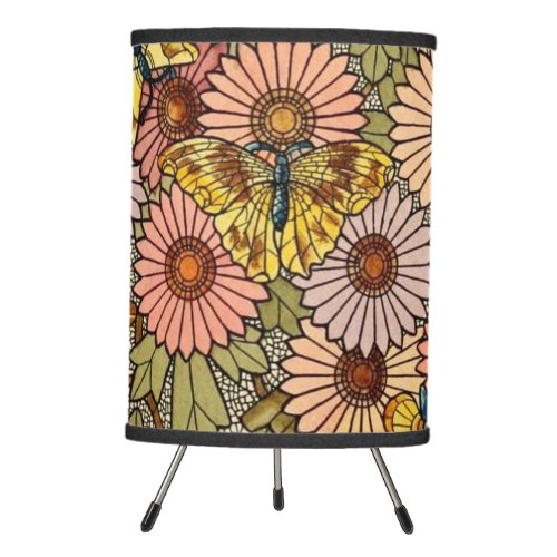 Stained glass style mosaic floral butterfly art tripod lamp