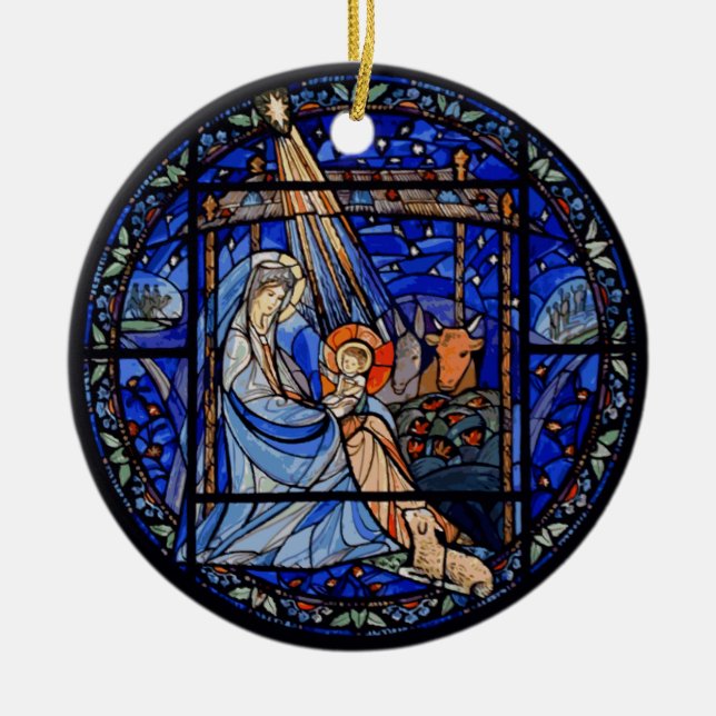 Stained Glass Style Nativity in Blue Ceramic Ornament (Front)