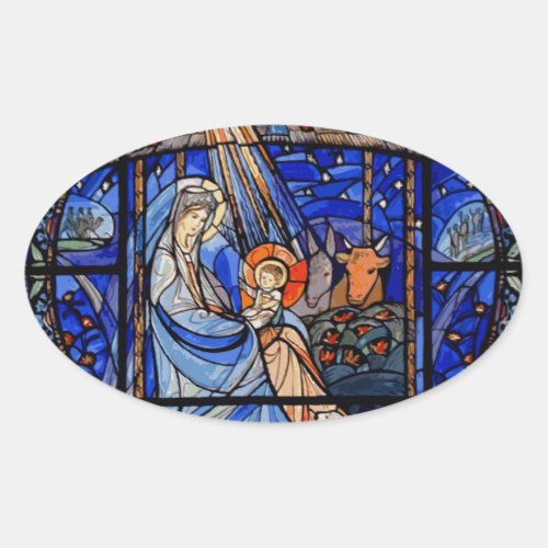 Stained Glass Style Nativity Oval Sticker