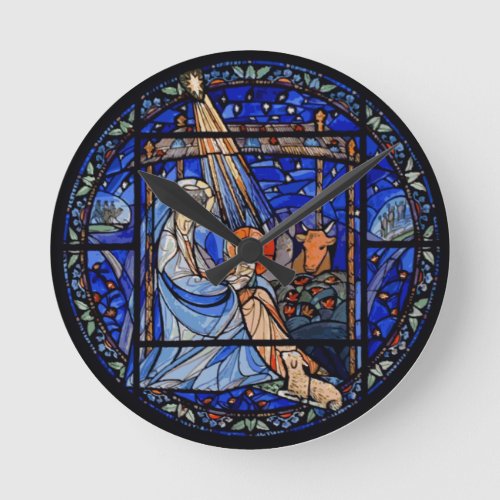 Stained Glass Style Nativity Round Clock