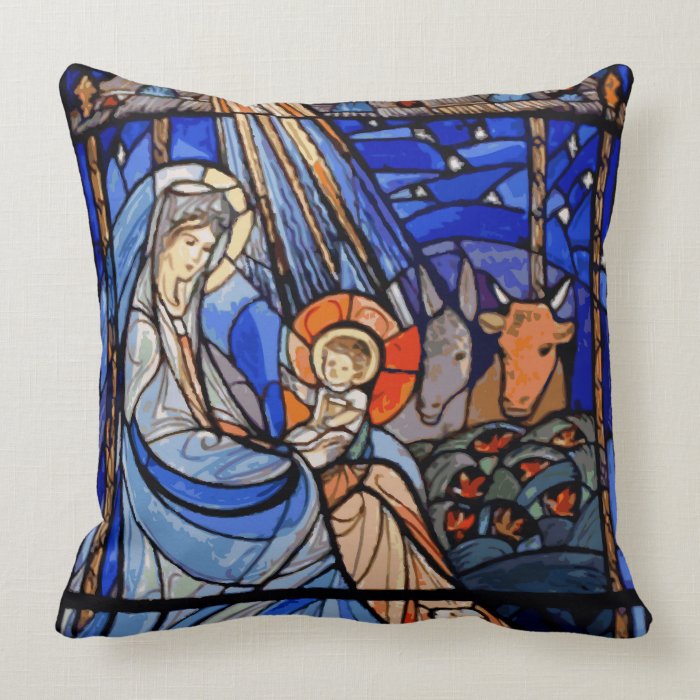 Stained Glass Style Nativity Throw Pillow