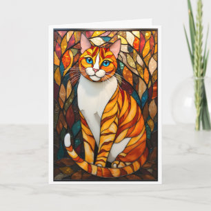 Stained Glass Style Orange Cat Blue Eyes Card