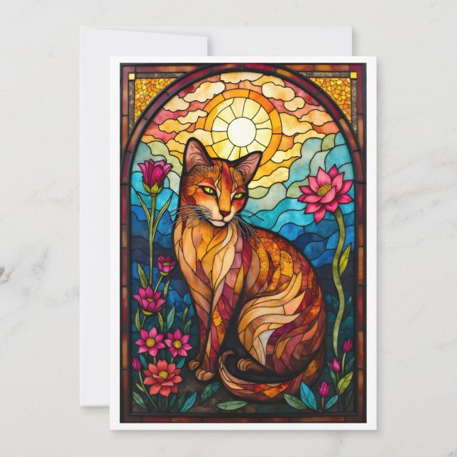 Stained Glass Style Orange Kitty with Pink Flowers Card (Front)