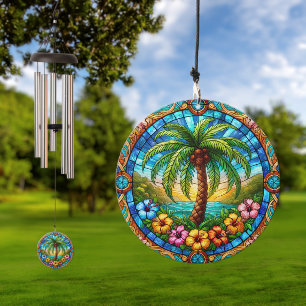 Stained Glass Style Palm Tree and Hibiscus Wind Chime