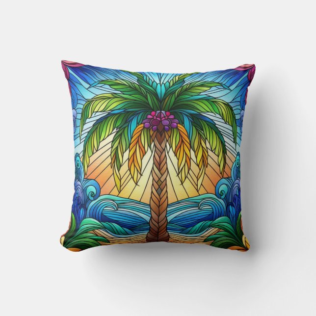 Stained Glass Style Palm Tree Art Throw Pillow (Front)