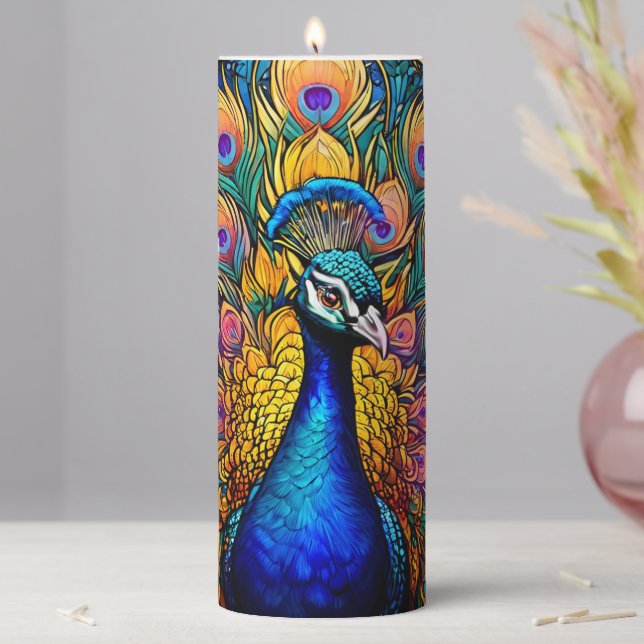 Stained Glass Style Peacock Ceramic Tile Pillar Candle (In Situ)