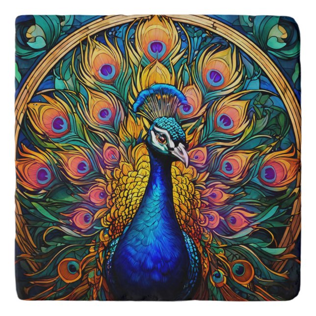 Stained Glass Style Peacock Ceramic Tile Trivet (Front)