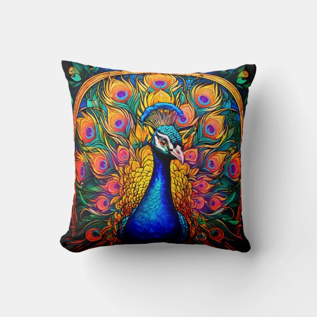 Stained Glass Style Peacock Throw Pillow (Front)