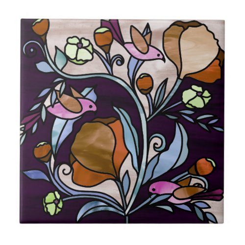 Stained glass style pink birds and red flowers ceramic tile