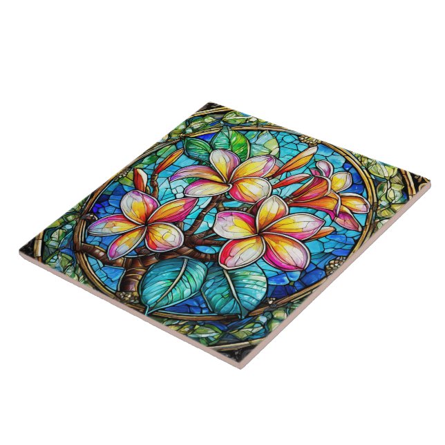 Stained glass style plumeria art ceramic tile (Side)