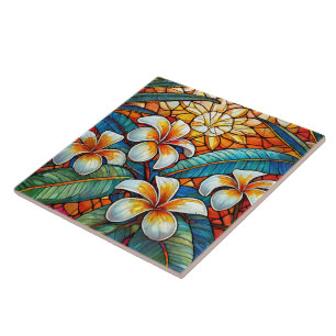 Stained glass style plumeria on orange ceramic tile