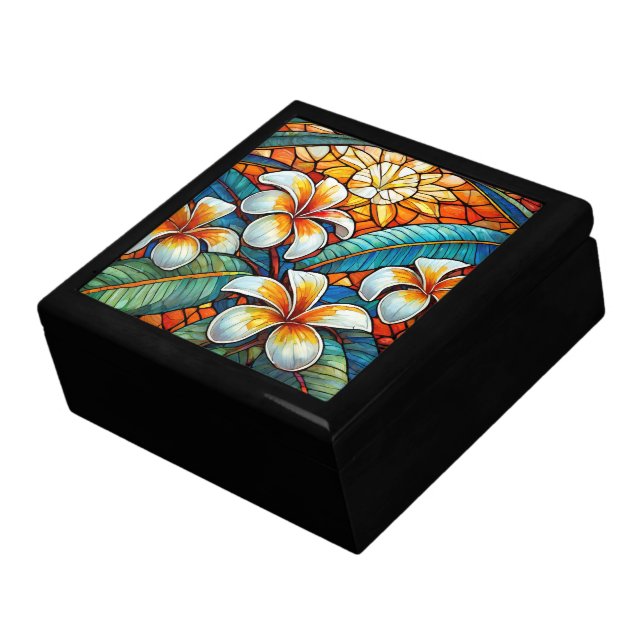 Stained glass style plumeria on orange gift box (Side)