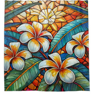 Stained glass style plumeria on orange shower curtain