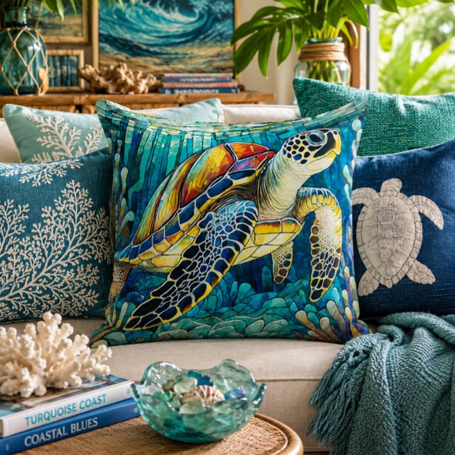 Stained glass style sea turtle honu throw pillow (Creator Uploaded)