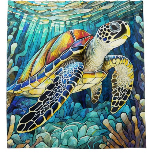 Stained glass style sea turtle shower curtain