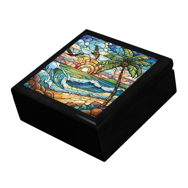 Stained glass style sunset on beach gift box (Side)