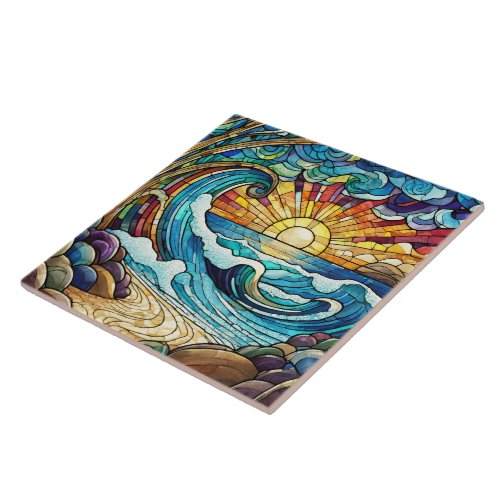 Stained glass style tropical sunset on beach art ceramic tile