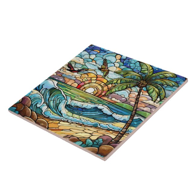 Stained glass style tropical sunset on beach art ceramic tile (Side)