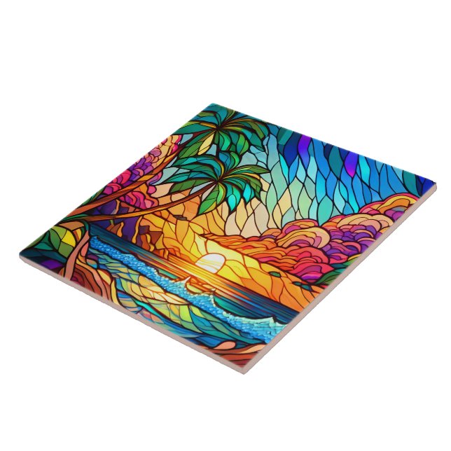 Stained glass style tropical sunset on beach art ceramic tile (Side)