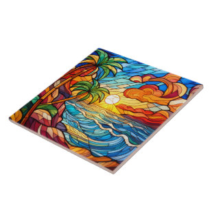 Stained glass style tropical sunset on beach art ceramic tile
