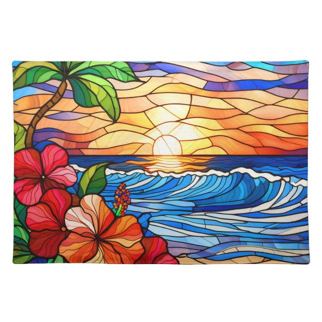 Stained glass style tropical sunset on beach art cloth placemat (Front)