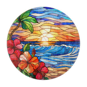 Stained glass style tropical sunset on beach art cutting board