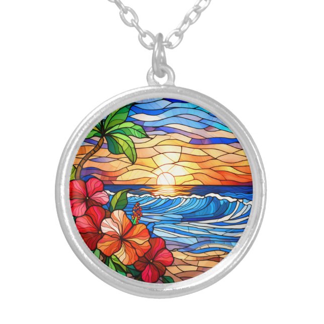Stained glass style tropical sunset on beach art silver plated necklace (Front)
