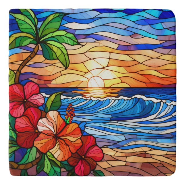 Stained glass style tropical sunset on beach art trivet (Front)