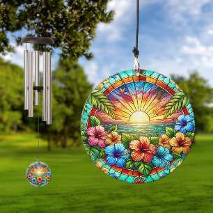 Stained Glass Style Tropical Sunshine and Hibiscus Wind Chime
