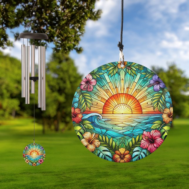 Stained Glass Style Tropical Sunshine and Hibiscus Wind Chime (Outdoor)