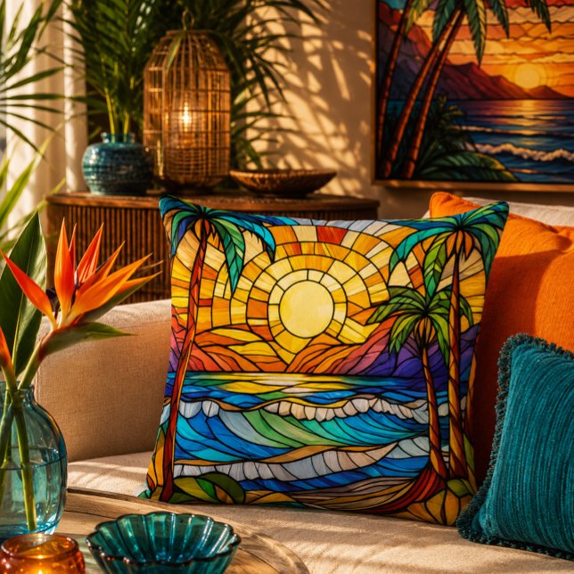 Stained glass style waves on beach throw pillow (Creator Uploaded)