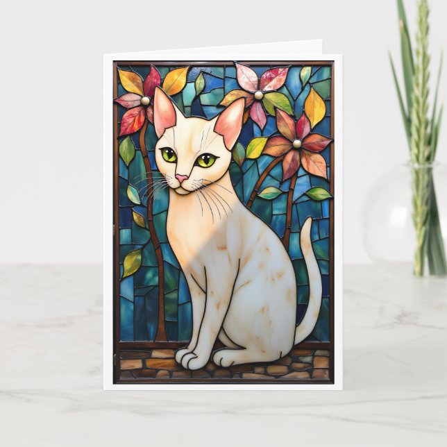 Stained Glass Style White Cat with Flowers Card (Front)